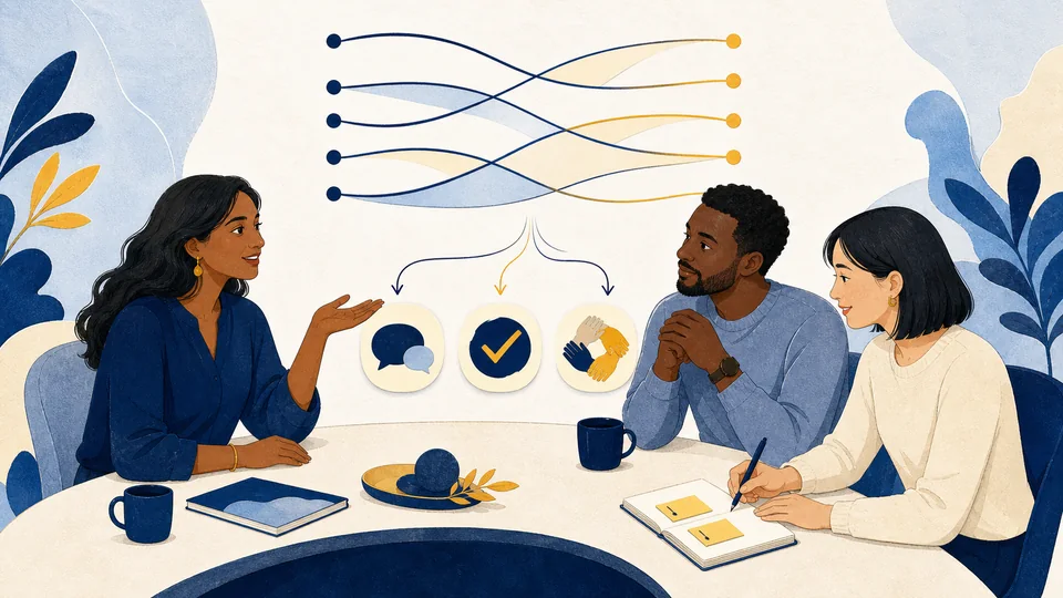 A facilitator and two participants connect different working preferences with conversation, shared decisions and practical action notes