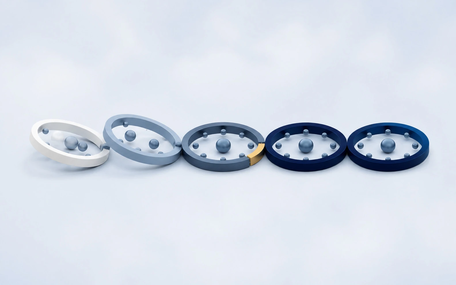 Distributed rings and nodes aligning into one stable plane.