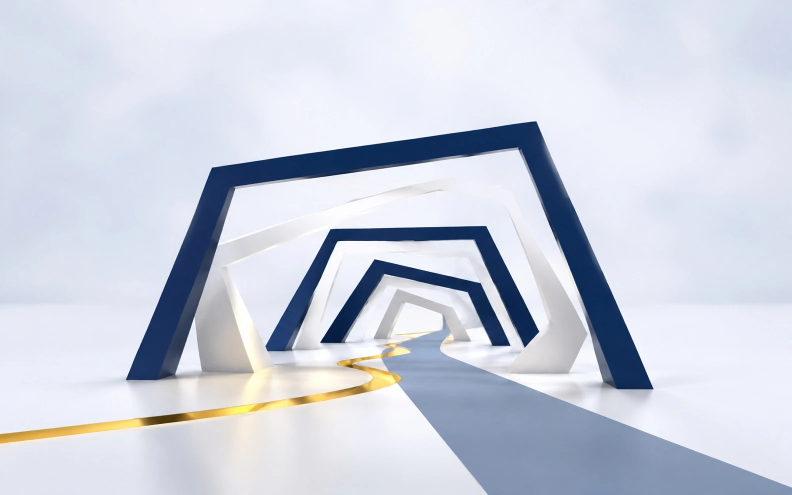 Intersecting illuminated paths inside a series of sculptural arches.