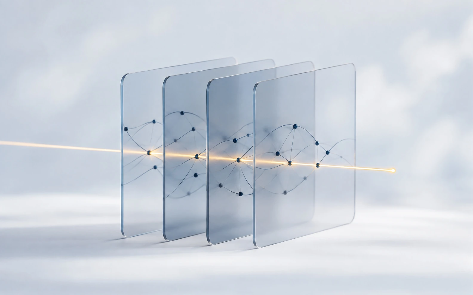 A narrow light beam revealing patterns inside translucent layers.