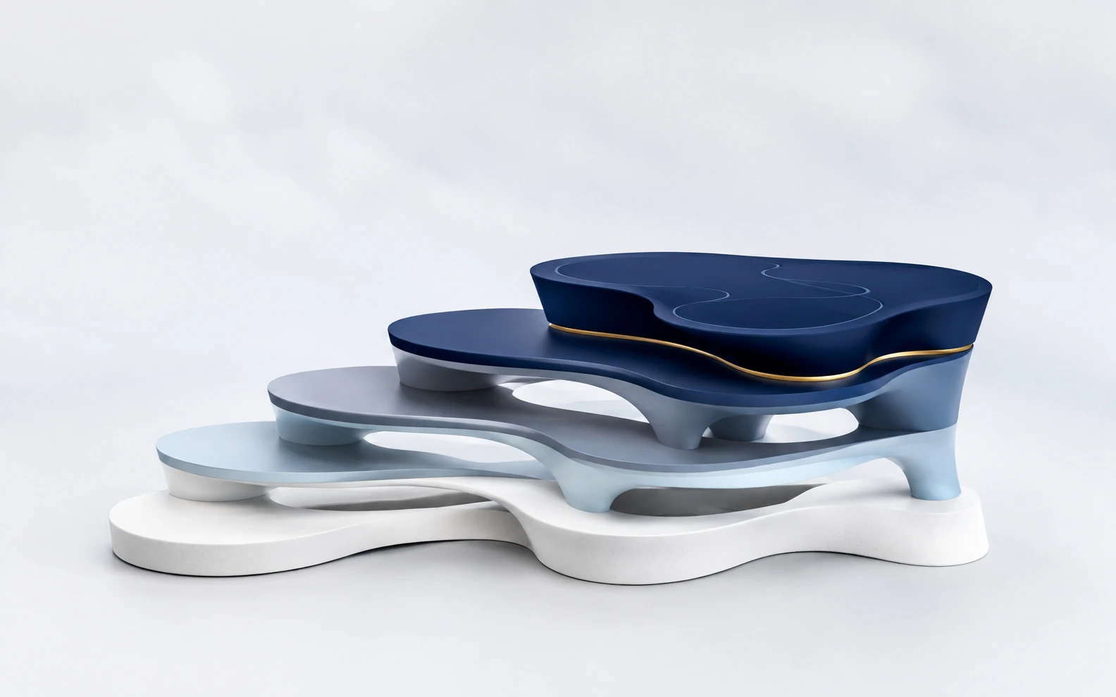 Sculptural levels rising into a broad connected platform.
