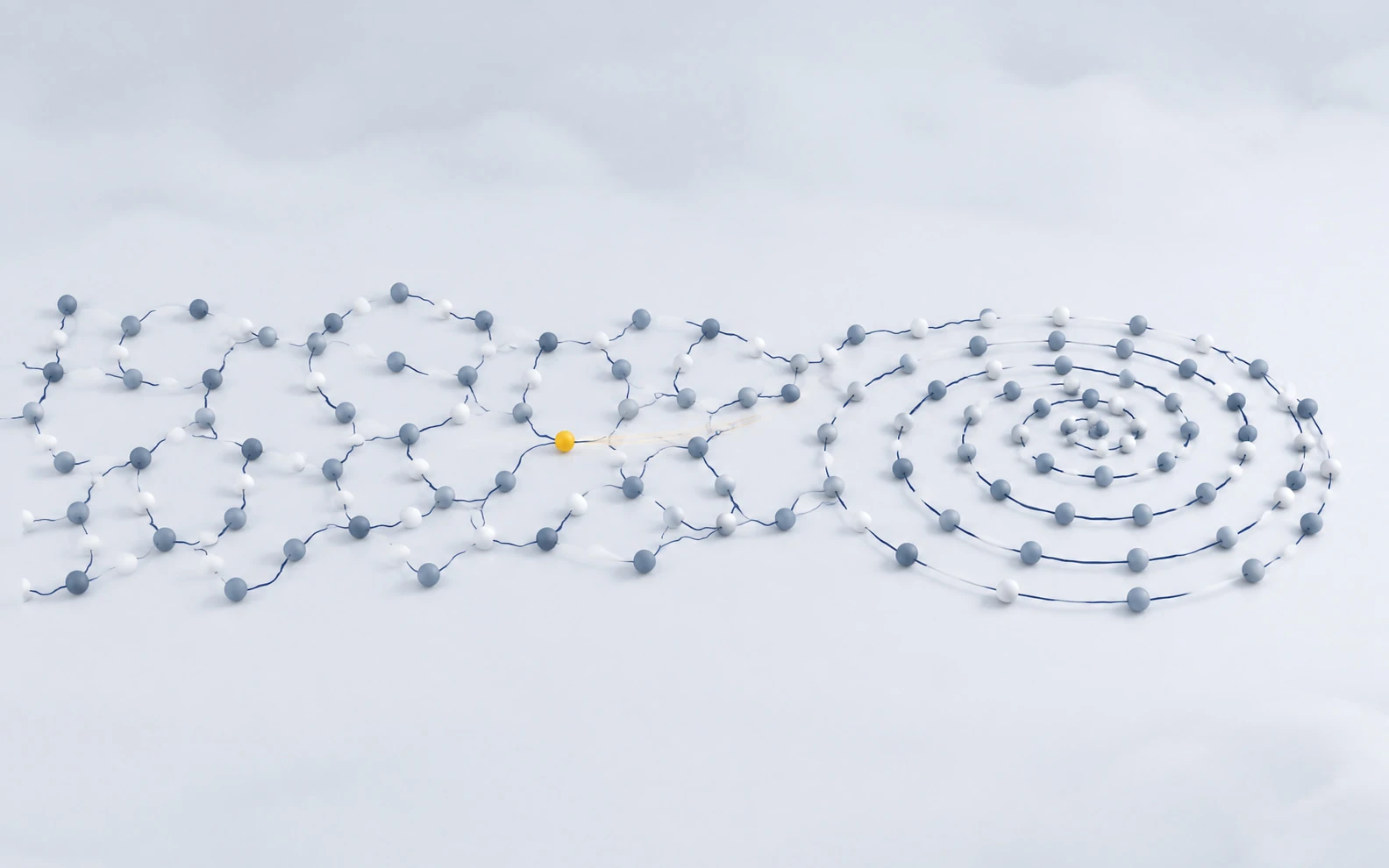 A pulse travelling through connected nodes and changing the final pattern.