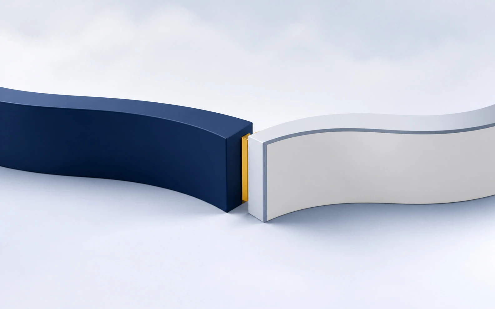 Two curved structures meeting with a narrow offset and gold joining seam.