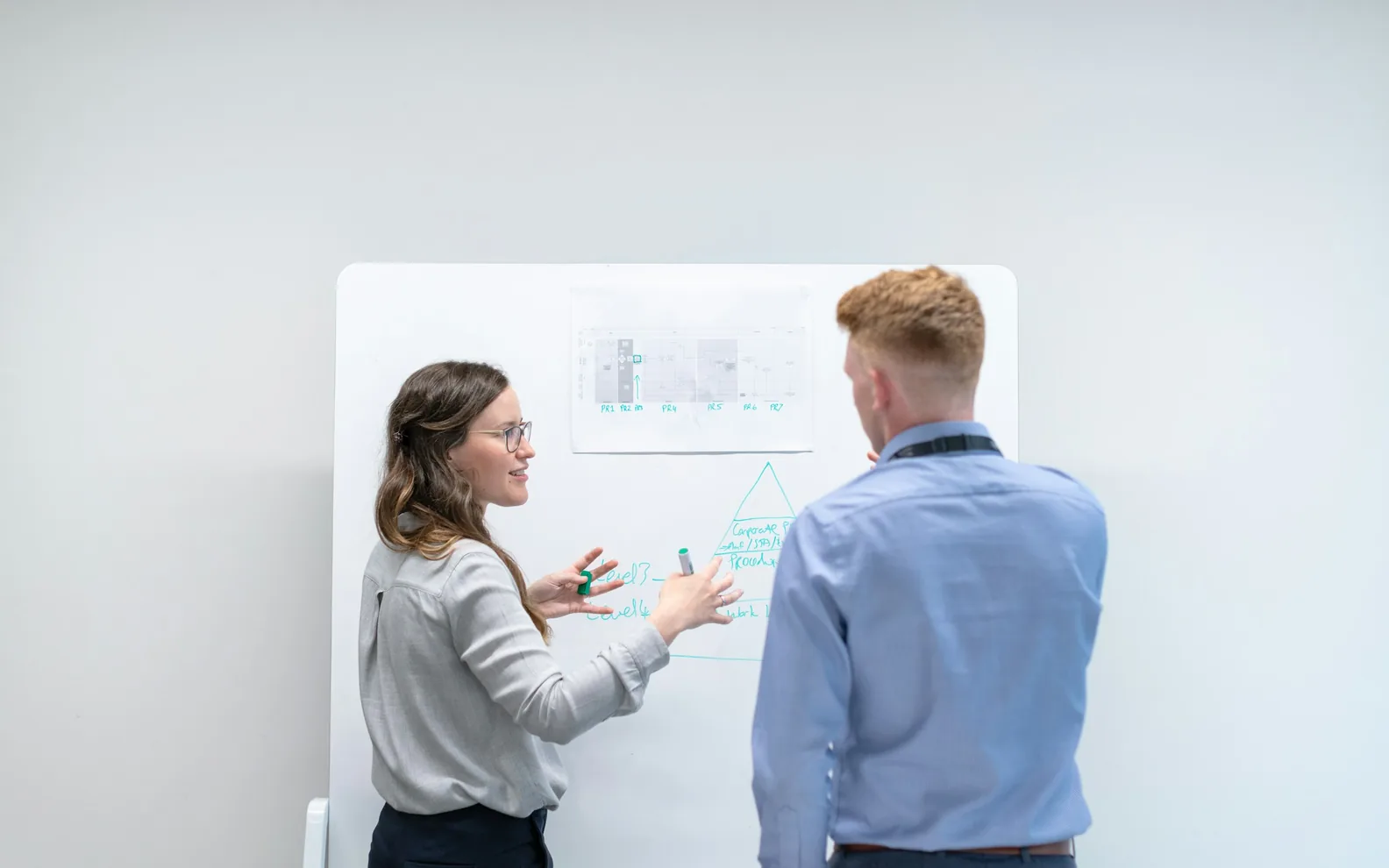 Two colleagues discussing a diagram beside a whiteboard.