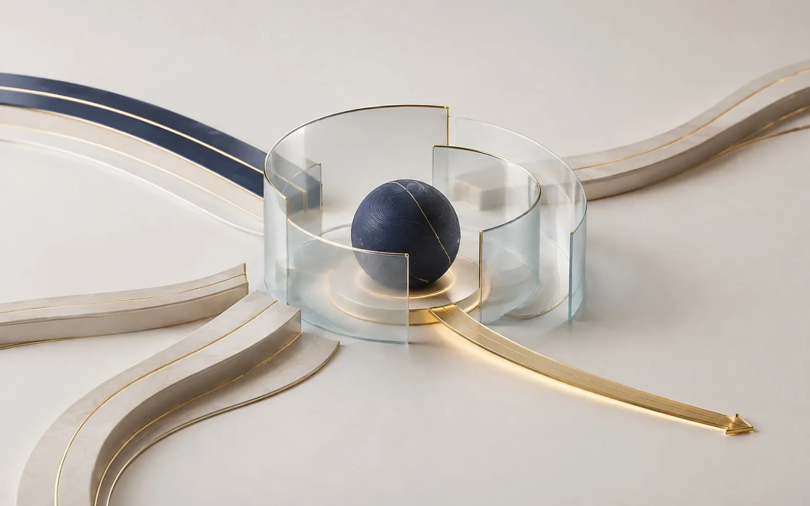 Multiple perspective arcs meet within a protective enclosure before one gold development path emerges.