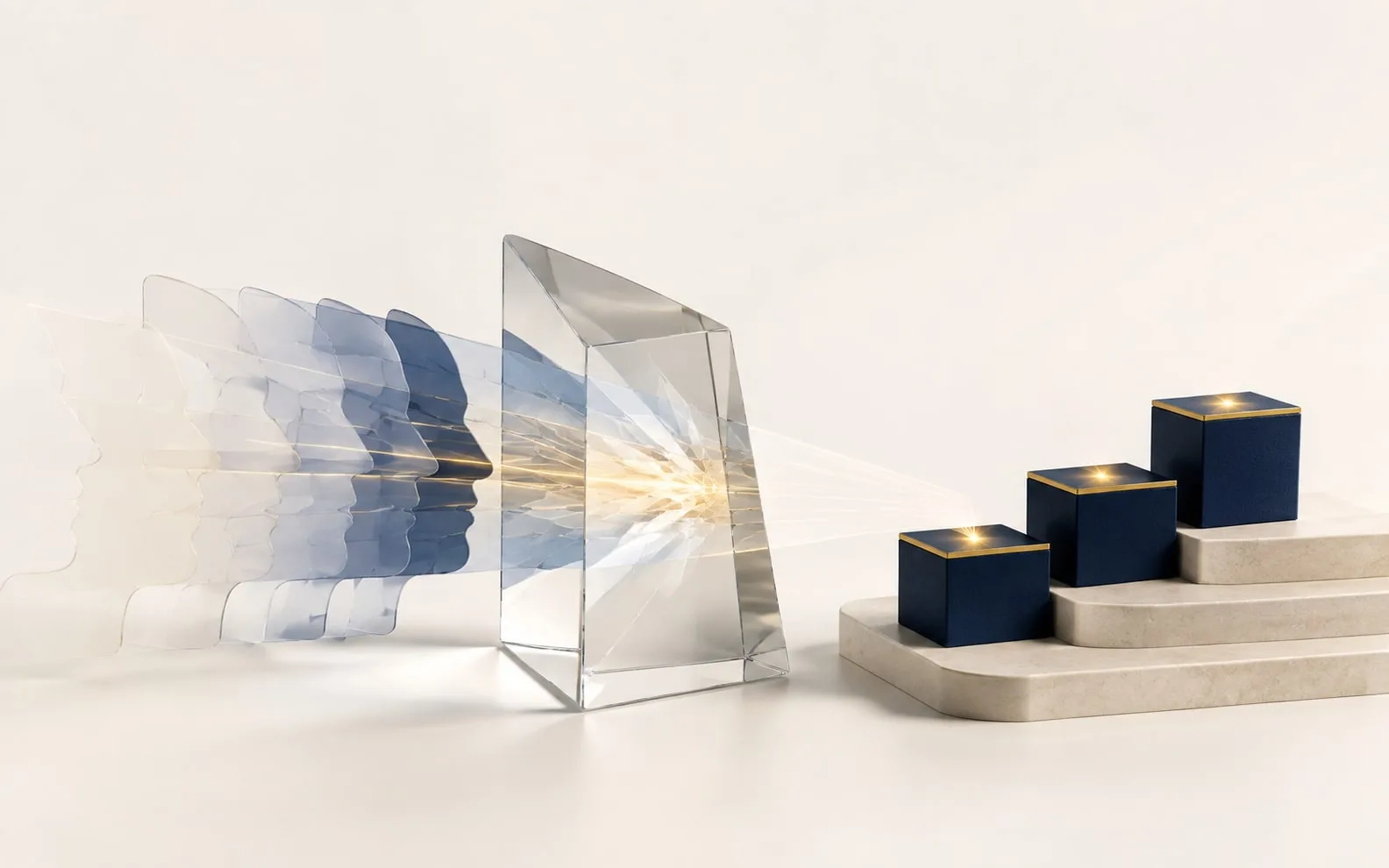 Translucent profile facets pass through a clear prism and resolve into three practical action blocks.
