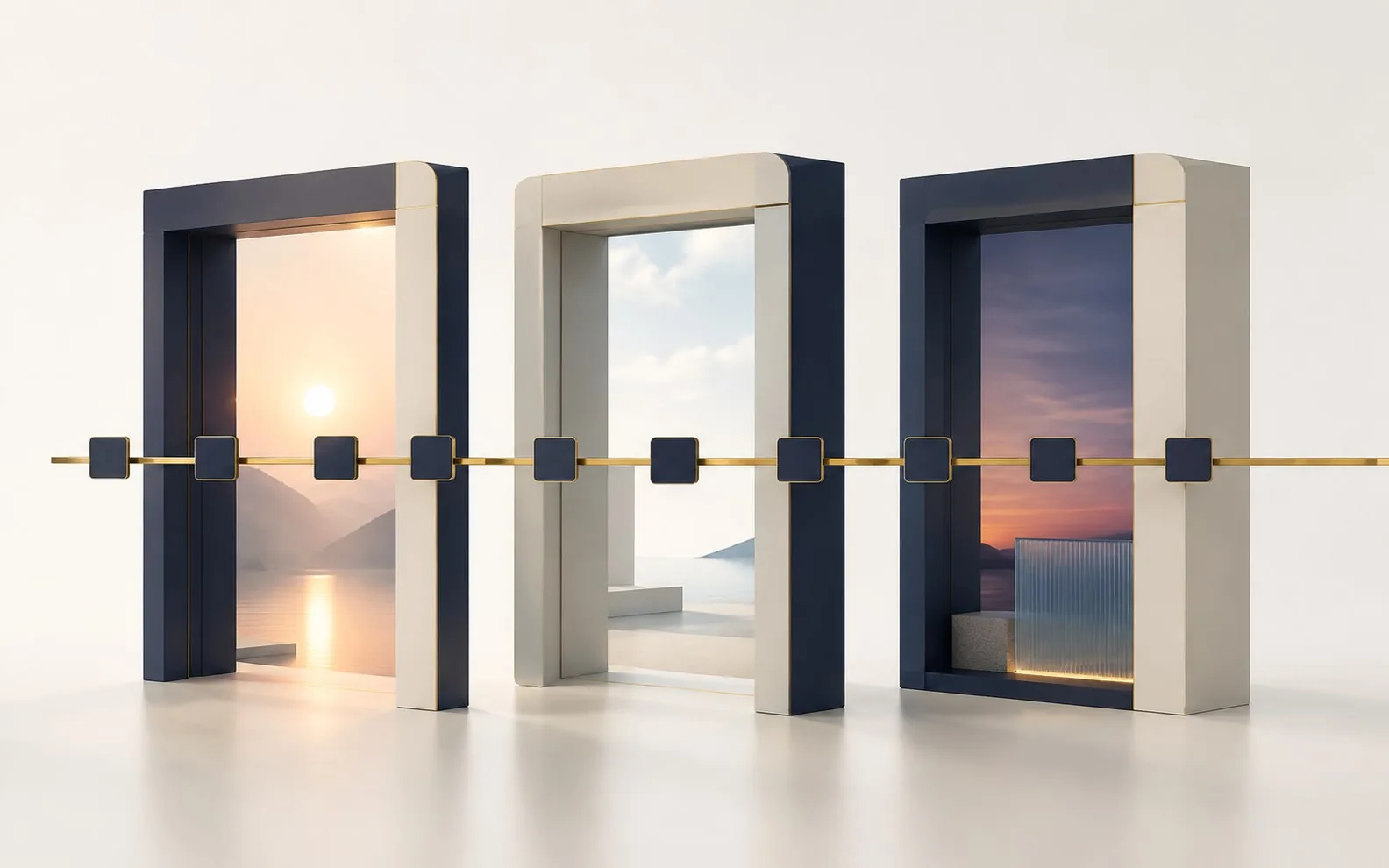 A gold strip carries consistent decision markers through three frames with different daylight conditions.