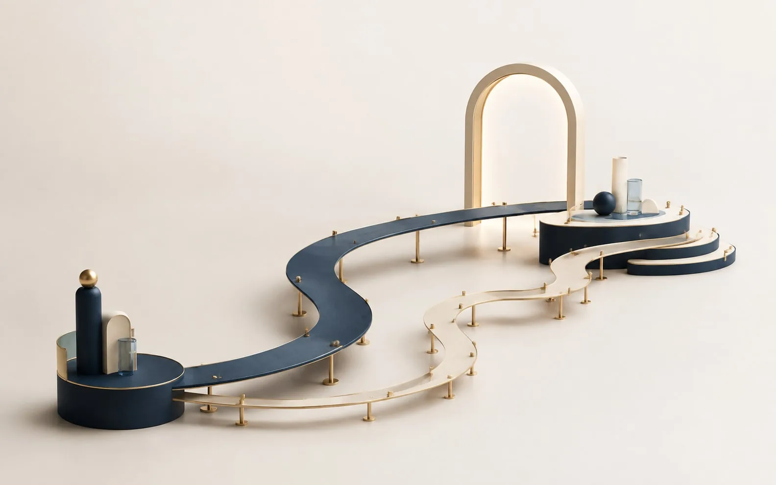 Two connected pathways continue through an arrival arch into supported settling-in steps.