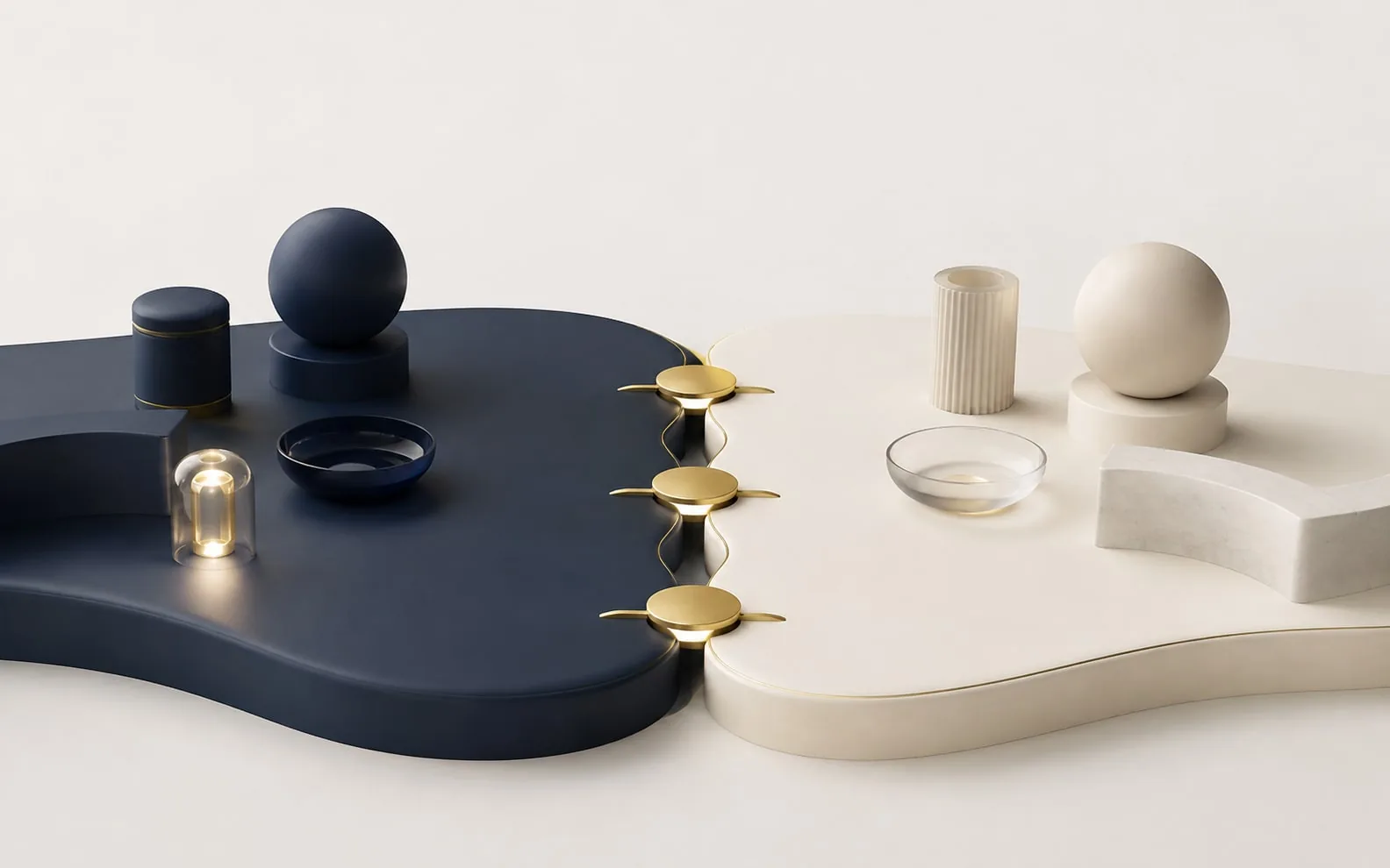 Two distinct working zones share a curved boundary with three clearly aligned gold connection points.