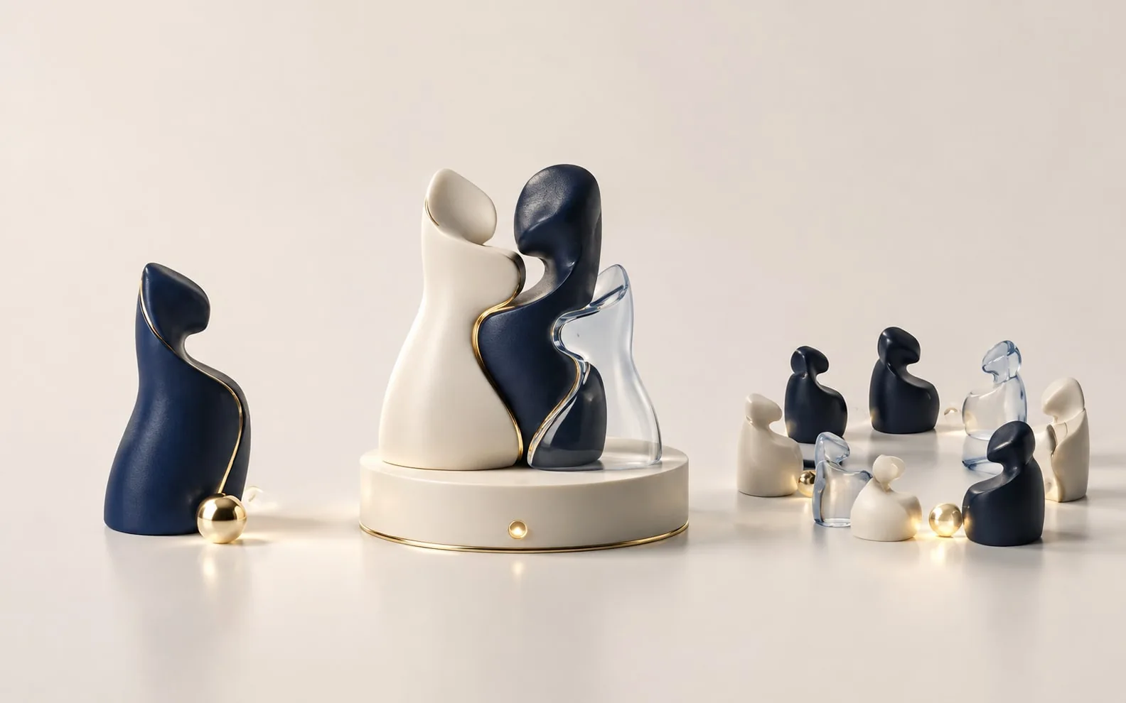 Three sculptural arrangements suggest individual reflection, an interdependent team and shared group learning.