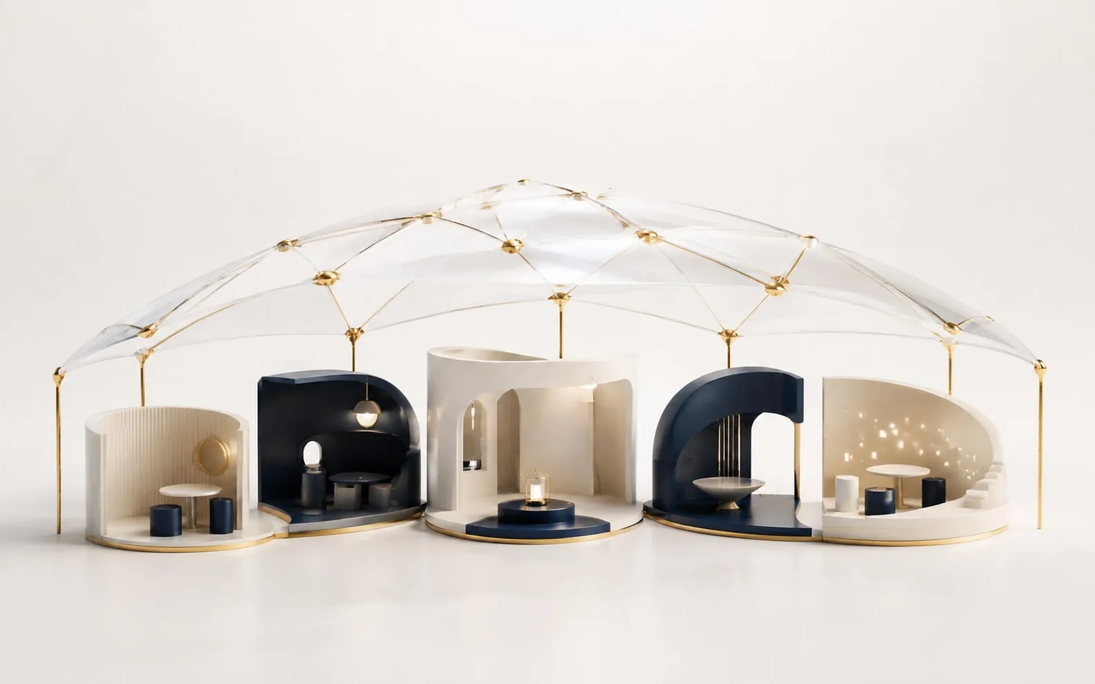 A common translucent framework connects to distinct local structures through carefully fitted gold joints.