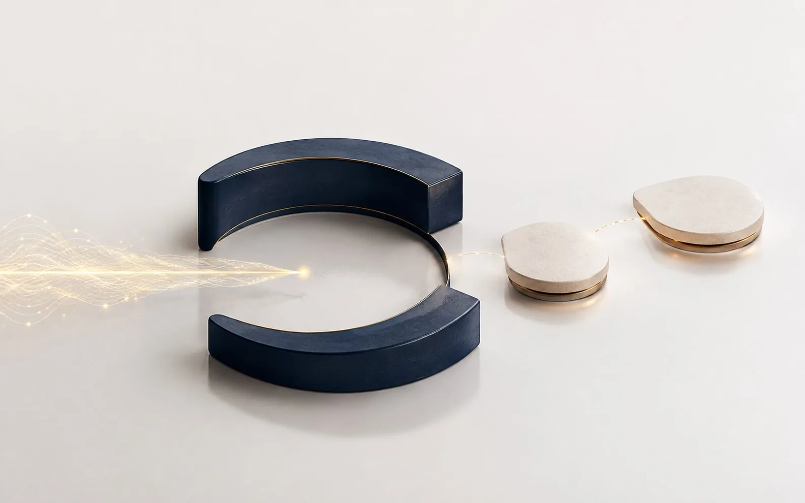 A delicate gold signal passes through an open listening arc towards two clear next steps.