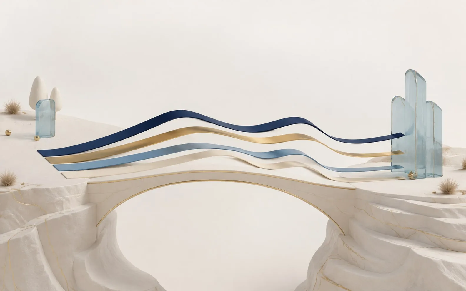 Four distinct curved paths travel together across a bridge while following individual rhythms.