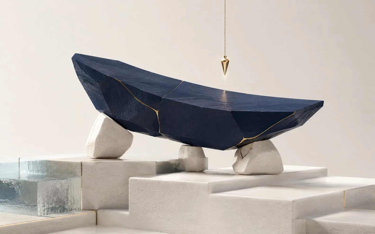 A solid navy form finds balance on newly adjusted ivory supports.