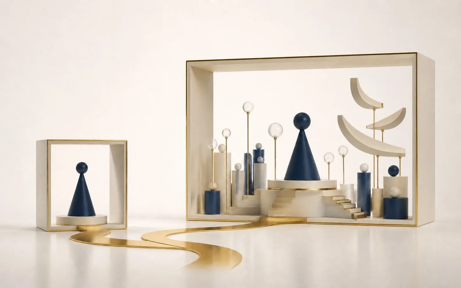 Two frames of different sizes connected by a gold path, with a navy form in each.