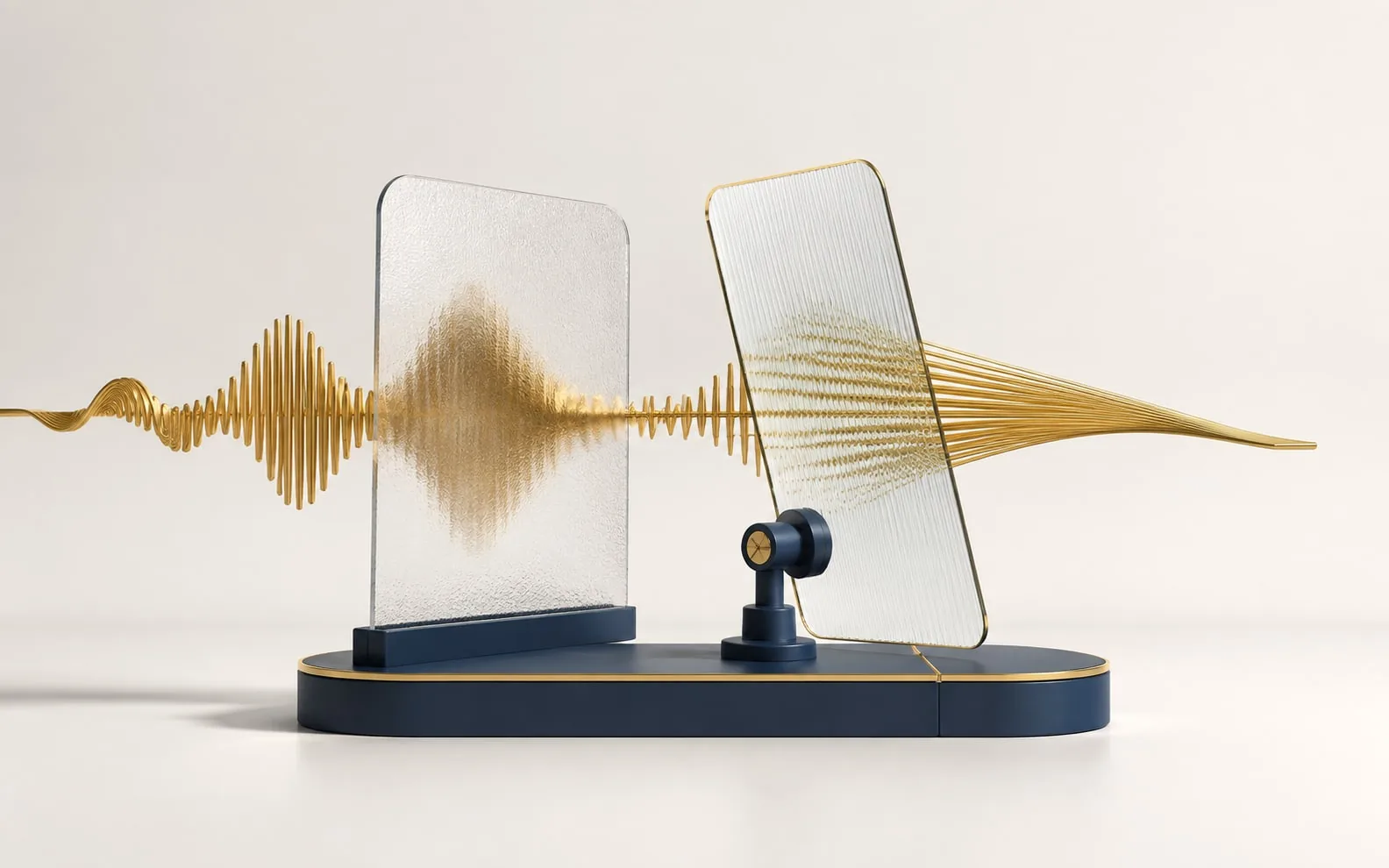 A gold communication wave passes through two textured screens, one mounted on an adjustable navy hinge.