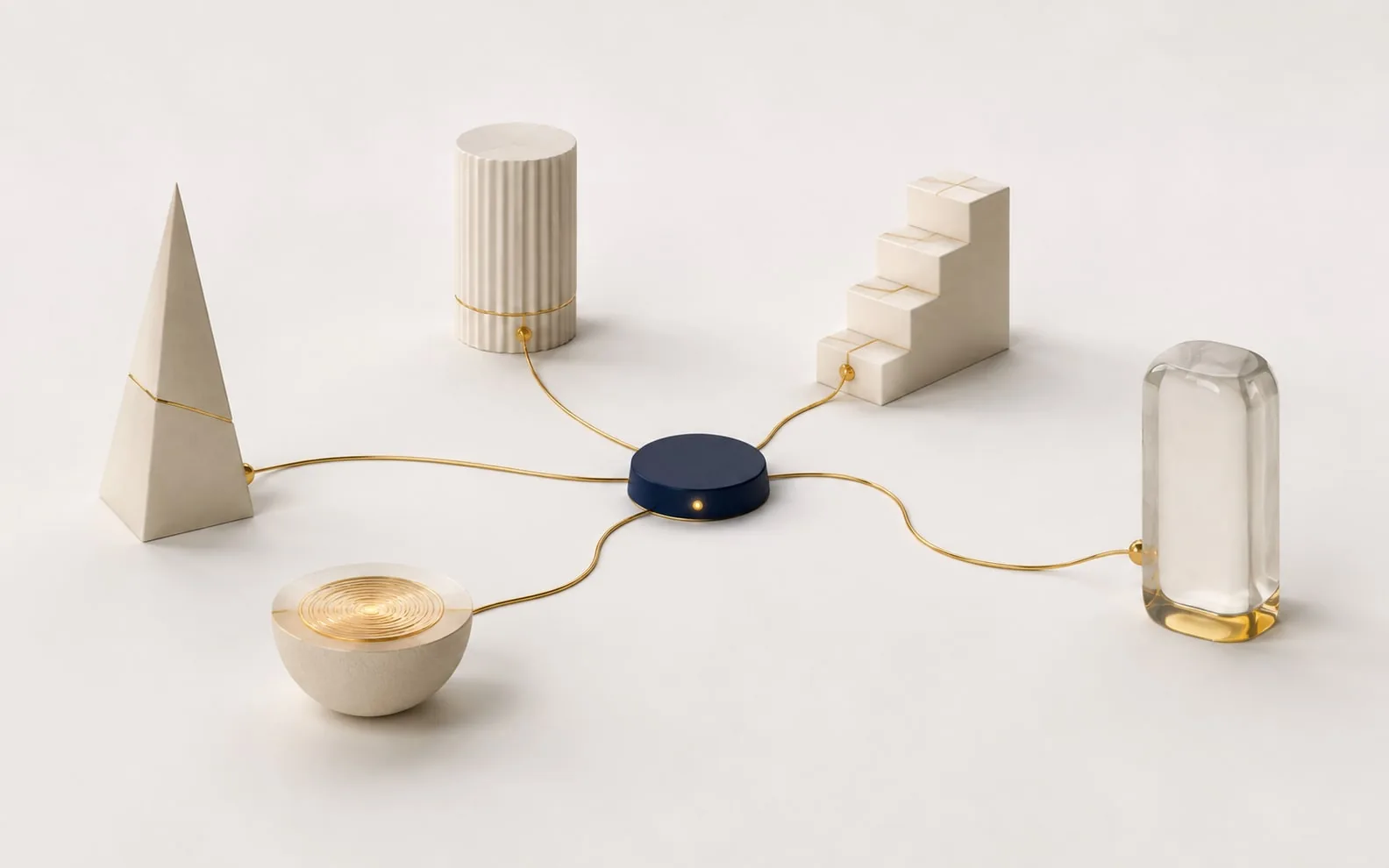 Fine gold lines connect a navy centre to five distinct sculptural forms.
