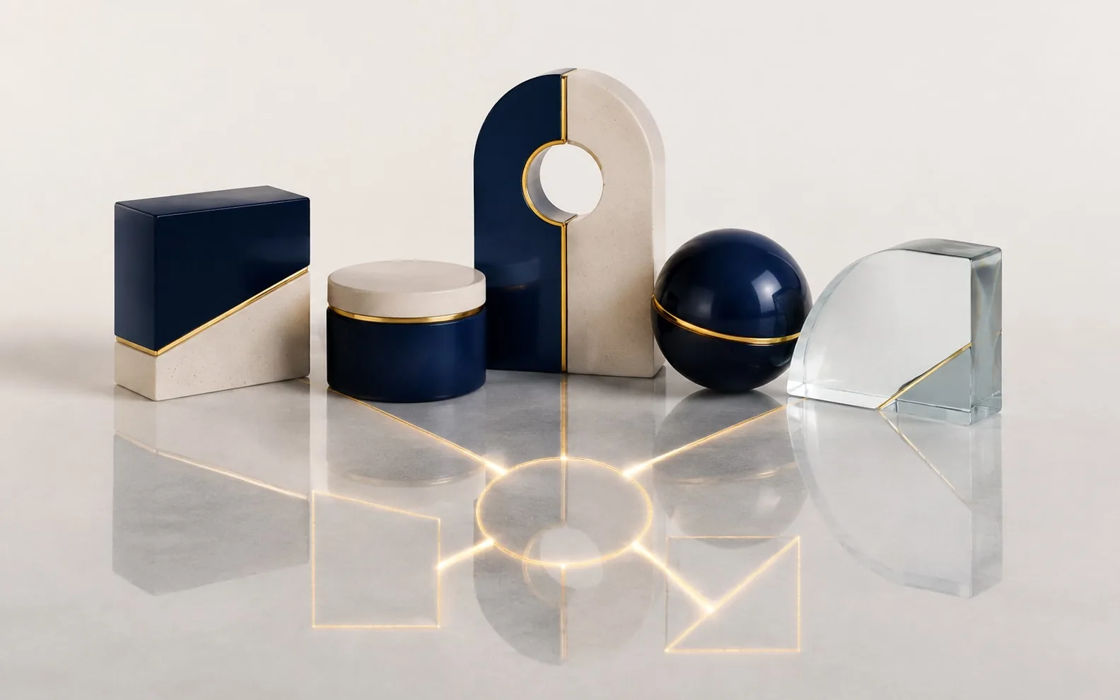 Navy, ivory and glass forms cast reflections joined by a shared gold pattern.